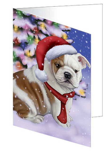 Winterland Wonderland Bulldog In Christmas Holiday Scenic Background  Handmade Artwork Assorted Pets Greeting Cards and Note Cards with Envelopes for All Occasions and Holiday Seasons GCD64142