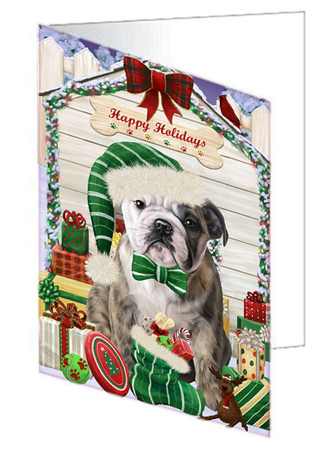 Happy Holidays Christmas Bulldog House with Presents Handmade Artwork Assorted Pets Greeting Cards and Note Cards with Envelopes for All Occasions and Holiday Seasons GCD58136