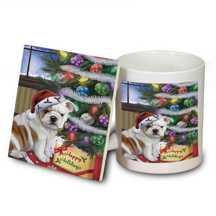 Christmas Happy Holidays Bulldog with Tree and Presents Mug and Coaster Set MUC53802