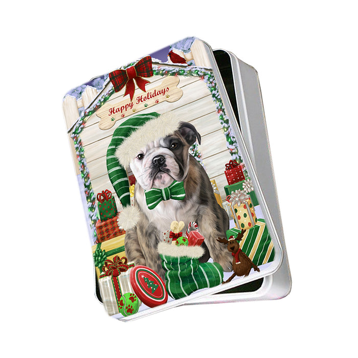 Happy Holidays Christmas Bulldog House with Presents Photo Storage Tin PITN51369