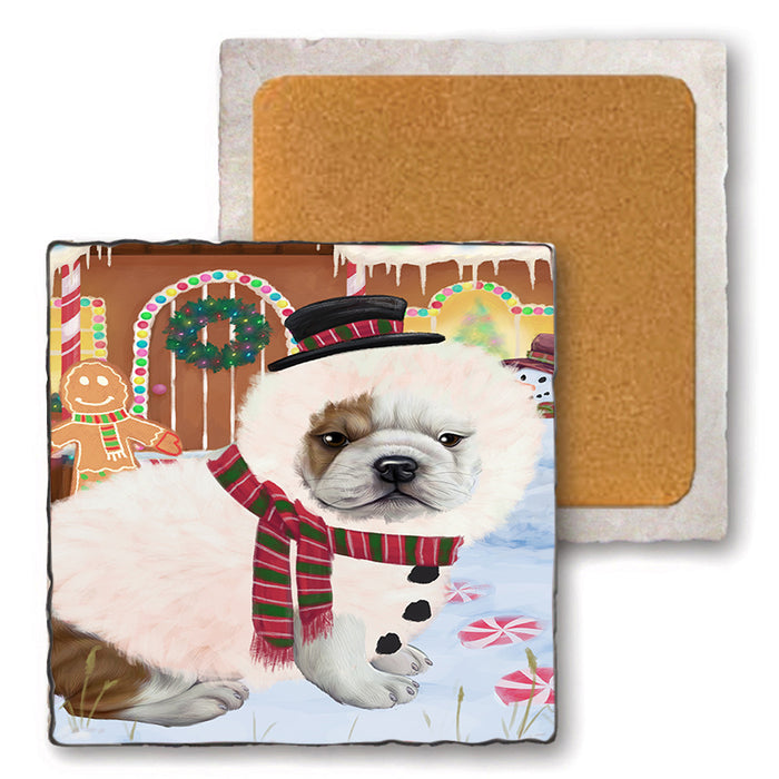 Christmas Gingerbread House Candyfest Bulldog Set of 4 Natural Stone Marble Tile Coasters MCST51221
