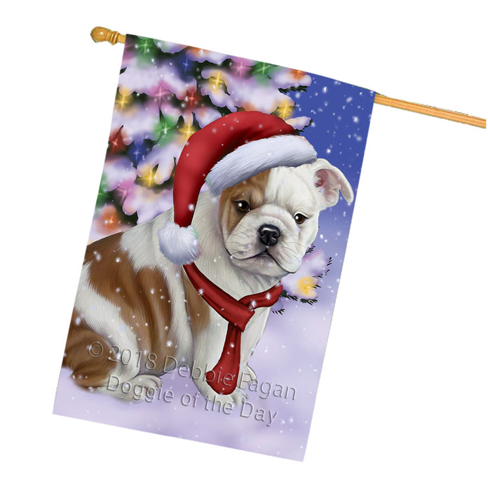 Winterland Wonderland Bulldog In Christmas Holiday Scenic Background  House Flag FLG53569