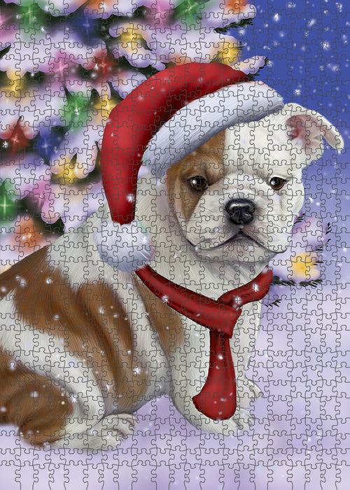 Winterland Wonderland Bulldog In Christmas Holiday Scenic Background Puzzle with Photo Tin PUZL80640