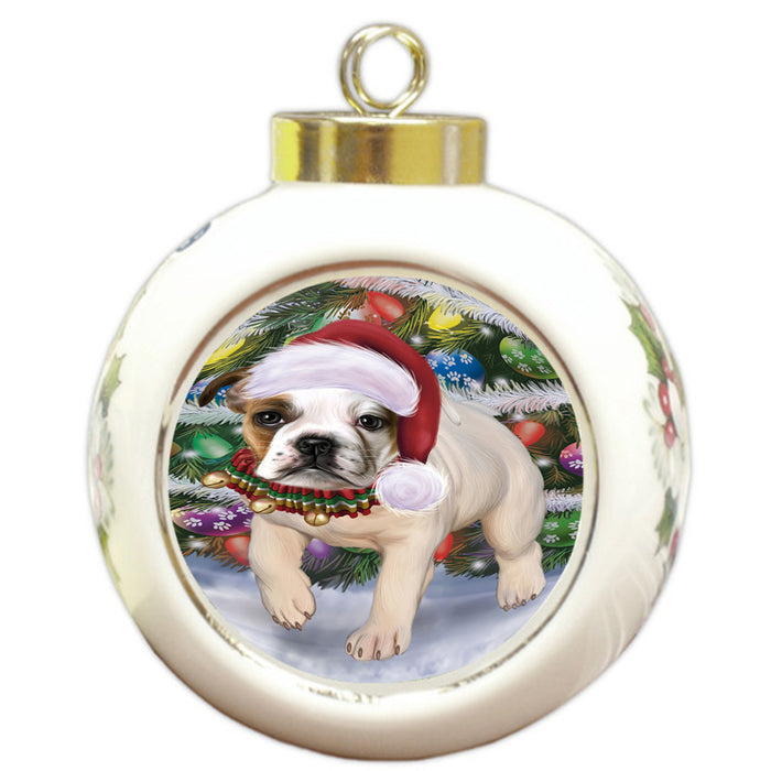 Trotting in the Snow Bulldog Round Ball Christmas Ornament RBPOR57002