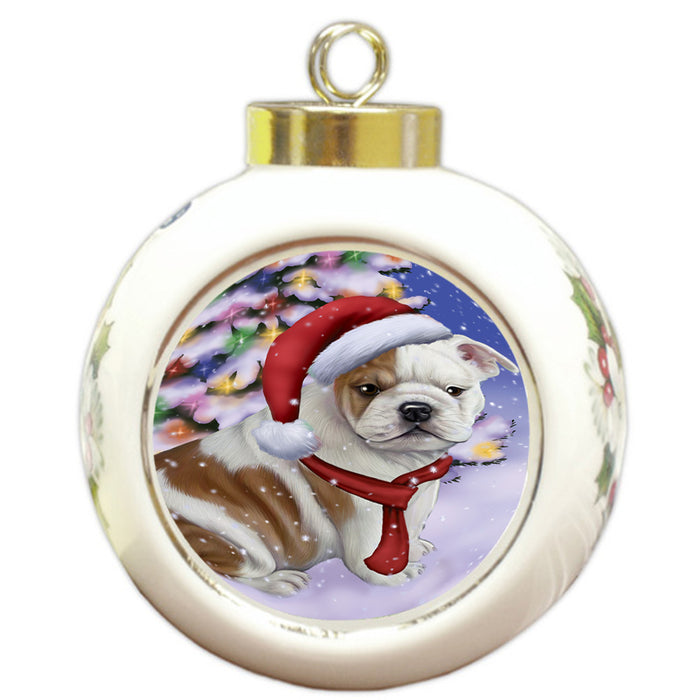 Winterland Wonderland Bulldog In Christmas Holiday Scenic Background  Round Ball Christmas Ornament RBPOR53371