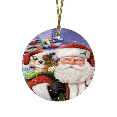 Santa Carrying Bulldog and Christmas Presents Round Flat Christmas Ornament RFPOR53960