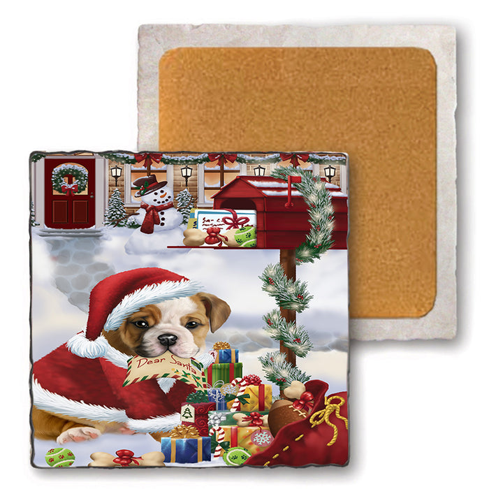 Bulldog Dear Santa Letter Christmas Holiday Mailbox Set of 4 Natural Stone Marble Tile Coasters MCST48880