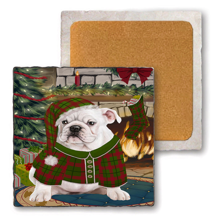 The Stocking was Hung Bulldog Set of 4 Natural Stone Marble Tile Coasters MCST50253