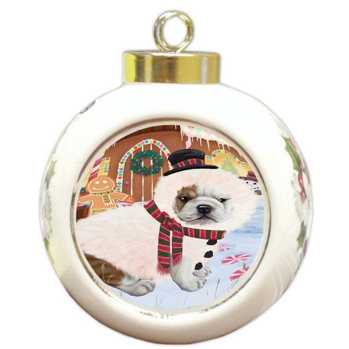 Christmas Gingerbread House Candyfest Bulldog Round Ball Christmas Ornament RBPOR56577