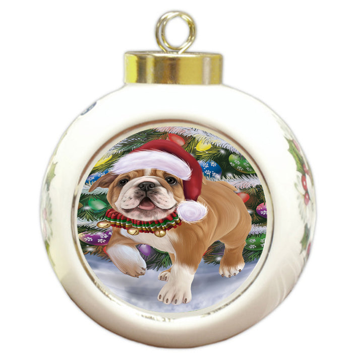 Trotting in the Snow Bulldog Round Ball Christmas Ornament RBPOR57003