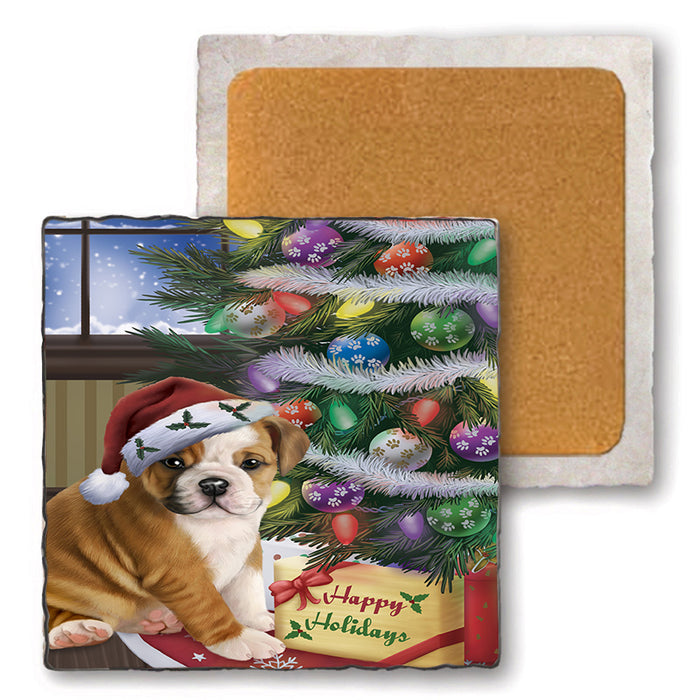 Christmas Happy Holidays Bulldog with Tree and Presents Set of 4 Natural Stone Marble Tile Coasters MCST48811