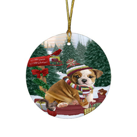 Merry Christmas Woodland Sled Bulldog Round Flat Christmas Ornament RFPOR55233