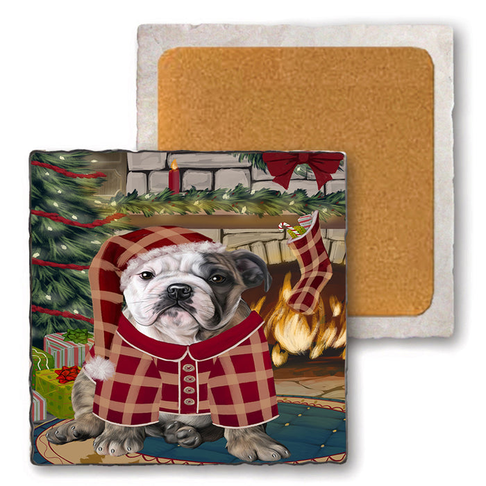 The Stocking was Hung Bulldog Set of 4 Natural Stone Marble Tile Coasters MCST50254