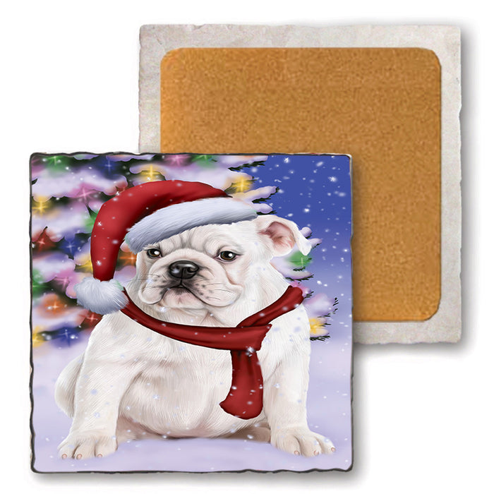 Winterland Wonderland Bulldog In Christmas Holiday Scenic Background  Set of 4 Natural Stone Marble Tile Coasters MCST48372