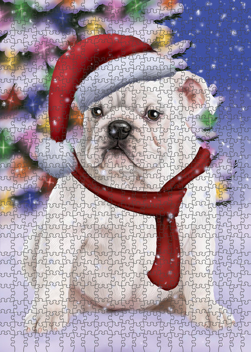 Winterland Wonderland Bulldog In Christmas Holiday Scenic Background Puzzle with Photo Tin PUZL80644