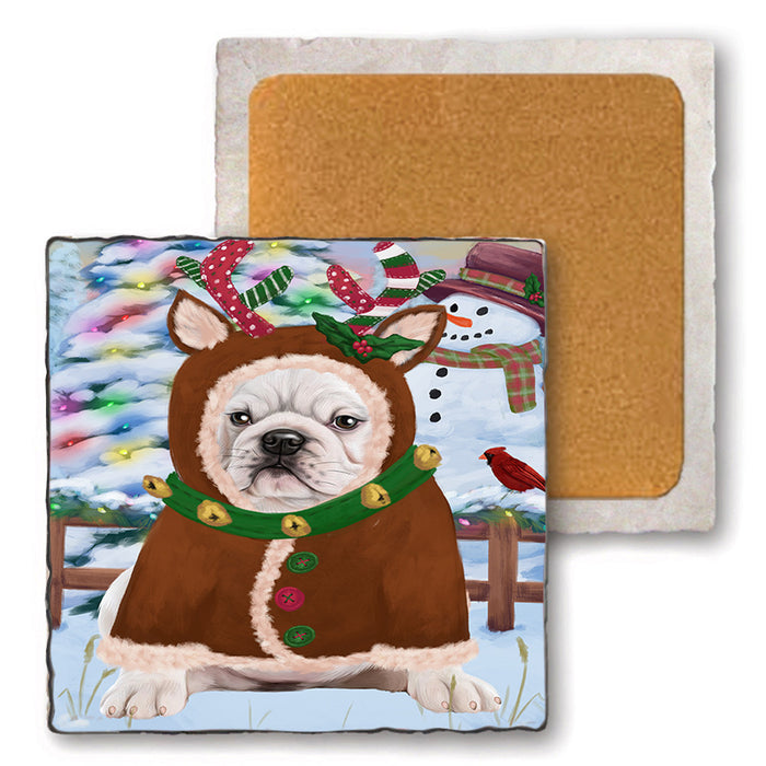 Christmas Gingerbread House Candyfest Bulldog Set of 4 Natural Stone Marble Tile Coasters MCST51222