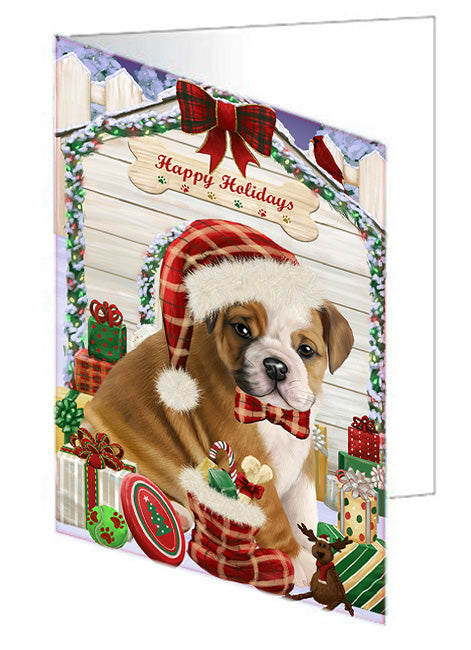Happy Holidays Christmas Bulldog House with Presents Handmade Artwork Assorted Pets Greeting Cards and Note Cards with Envelopes for All Occasions and Holiday Seasons GCD58139