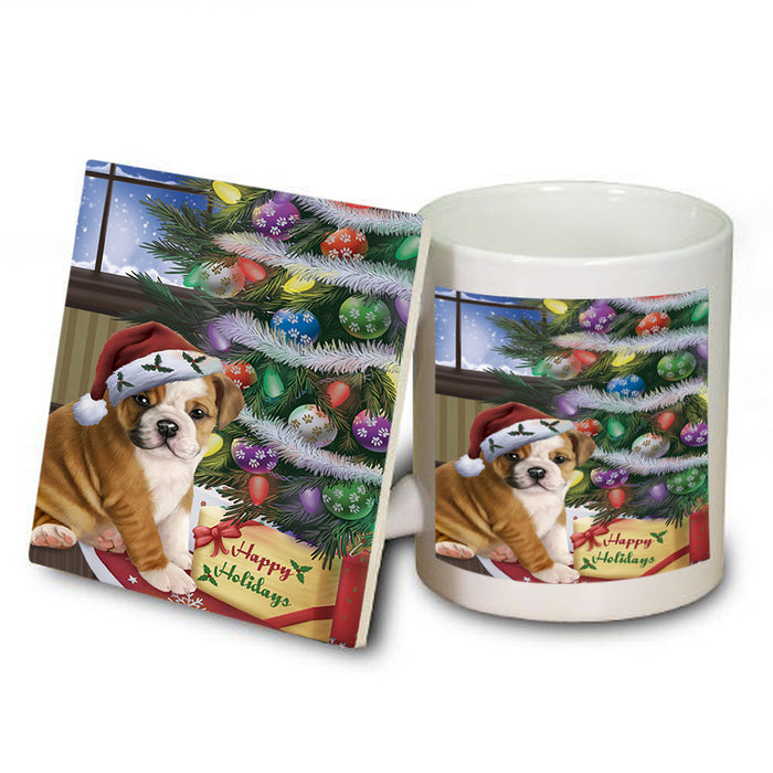 Christmas Happy Holidays Bulldog with Tree and Presents Mug and Coaster Set MUC53803