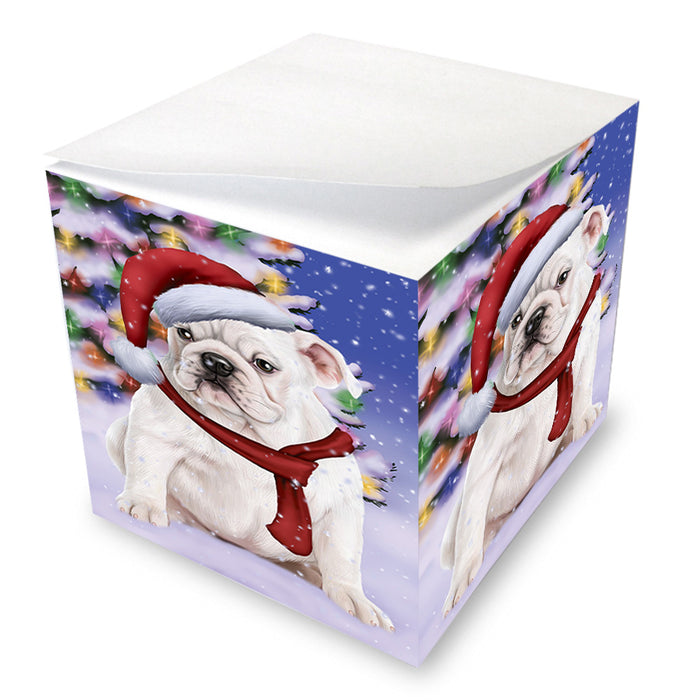 Winterland Wonderland Bulldog In Christmas Holiday Scenic Background Note Cube NOC53372
