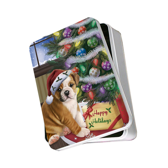 Christmas Happy Holidays Bulldog with Tree and Presents Photo Storage Tin PITN53754