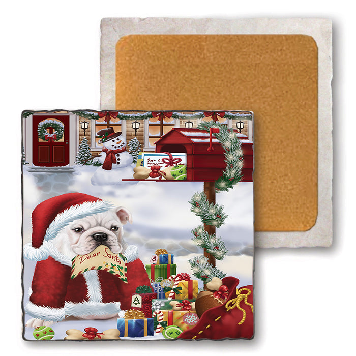 Bulldog Dear Santa Letter Christmas Holiday Mailbox Set of 4 Natural Stone Marble Tile Coasters MCST48881