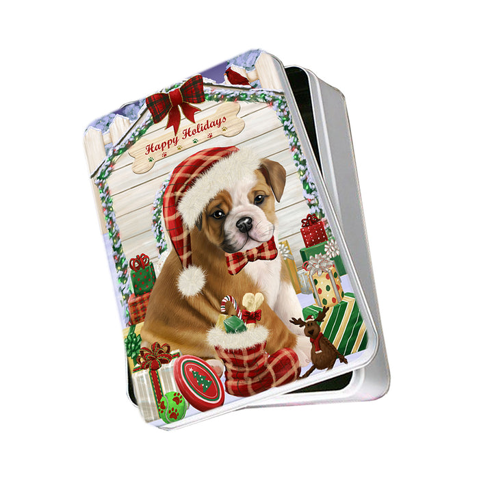 Happy Holidays Christmas Bulldog House with Presents Photo Storage Tin PITN51370