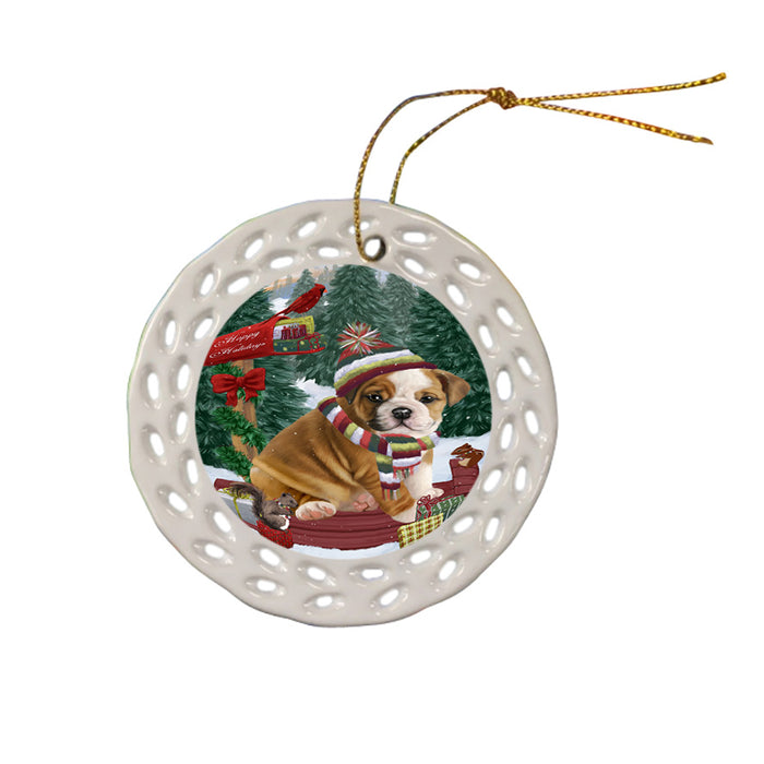 Merry Christmas Woodland Sled Bulldog Ceramic Doily Ornament DPOR55233
