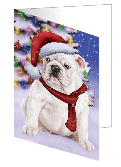 Winterland Wonderland Bulldog In Christmas Holiday Scenic Background  Handmade Artwork Assorted Pets Greeting Cards and Note Cards with Envelopes for All Occasions and Holiday Seasons GCD64145
