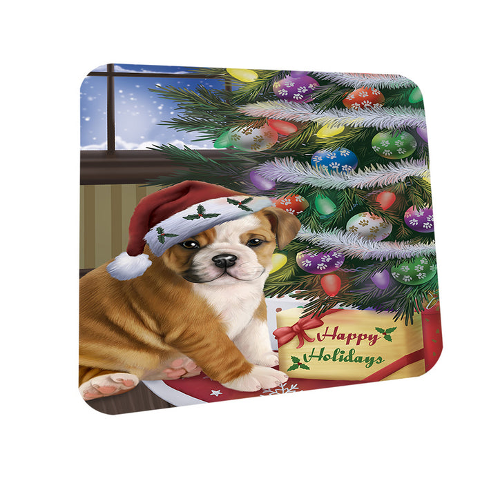 Christmas Happy Holidays Bulldog with Tree and Presents Coasters Set of 4 CST53769