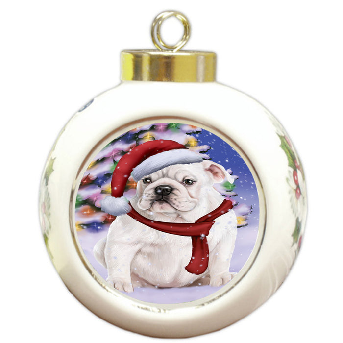 Winterland Wonderland Bulldog In Christmas Holiday Scenic Background  Round Ball Christmas Ornament RBPOR53372
