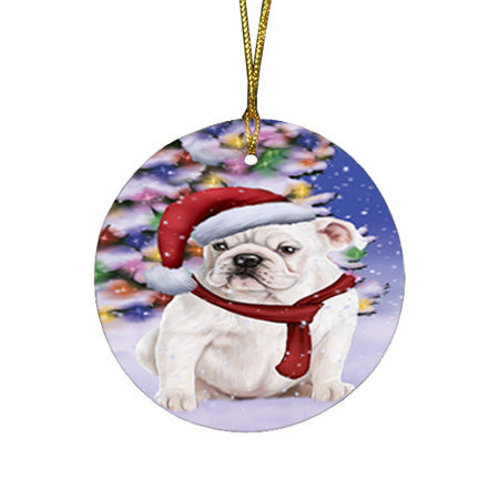 Winterland Wonderland Bulldog In Christmas Holiday Scenic Background  Round Flat Christmas Ornament RFPOR53363