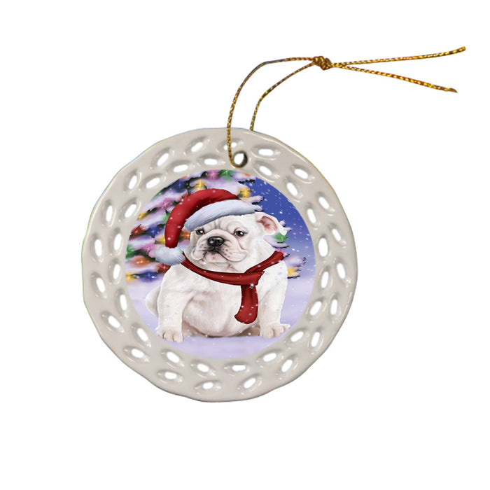 Winterland Wonderland Bulldog In Christmas Holiday Scenic Background  Ceramic Doily Ornament DPOR53372