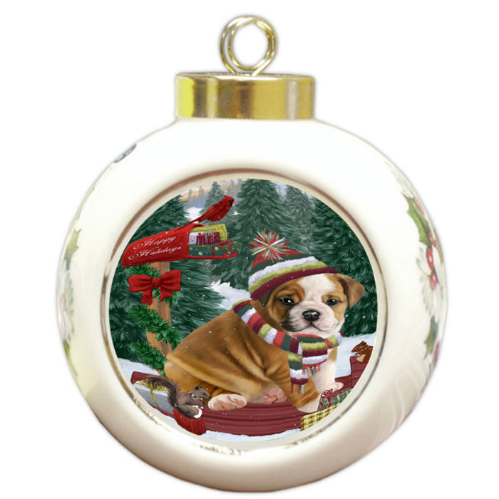 Merry Christmas Woodland Sled Bulldog Round Ball Christmas Ornament RBPOR55233