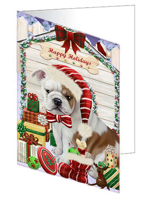 Happy Holidays Christmas Bulldog House with Presents Handmade Artwork Assorted Pets Greeting Cards and Note Cards with Envelopes for All Occasions and Holiday Seasons GCD58142