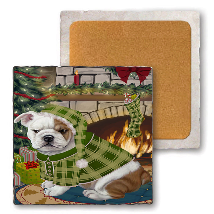 The Stocking was Hung Bulldog Set of 4 Natural Stone Marble Tile Coasters MCST50255