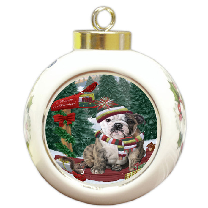 Merry Christmas Woodland Sled Bulldog Round Ball Christmas Ornament RBPOR55234