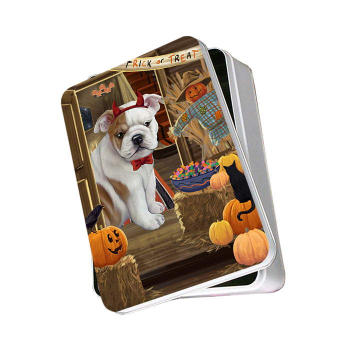 Enter at Own Risk Trick or Treat Halloween Bulldog Photo Storage Tin PITN53057