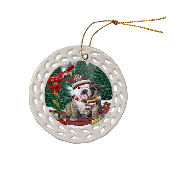 Merry Christmas Woodland Sled Bulldog Ceramic Doily Ornament DPOR55234