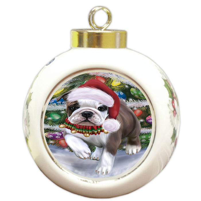 Trotting in the Snow Bulldog Round Ball Christmas Ornament RBPOR57004