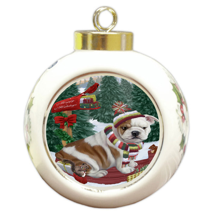 Merry Christmas Woodland Sled Bulldog Round Ball Christmas Ornament RBPOR55235