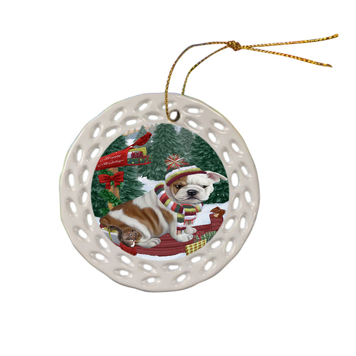 Merry Christmas Woodland Sled Bulldog Ceramic Doily Ornament DPOR55235