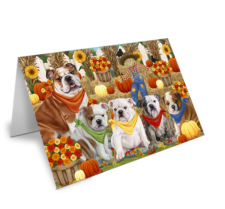 Fall Festive Gathering Bulldogs with Pumpkins Handmade Artwork Assorted Pets Greeting Cards and Note Cards with Envelopes for All Occasions and Holiday Seasons GCD55925