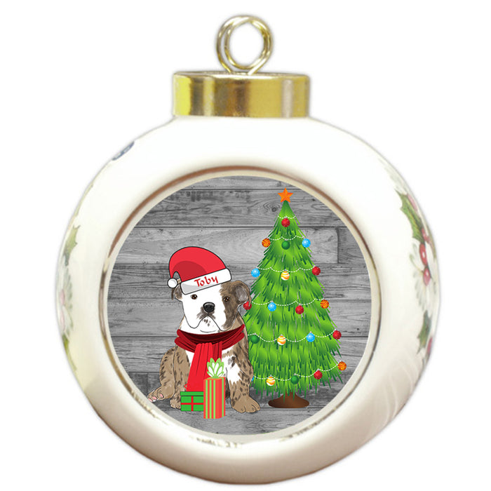Custom Personalized Bulldog With Tree and Presents Christmas Round Ball Ornament