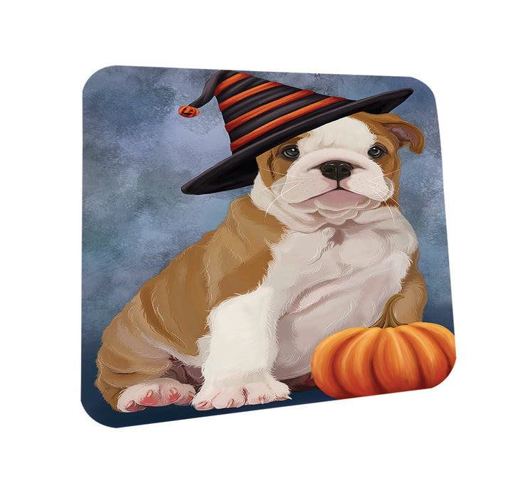 Happy Halloween Bulldog Wearing Witch Hat with Pumpkin Coasters Set of 4 CST54829