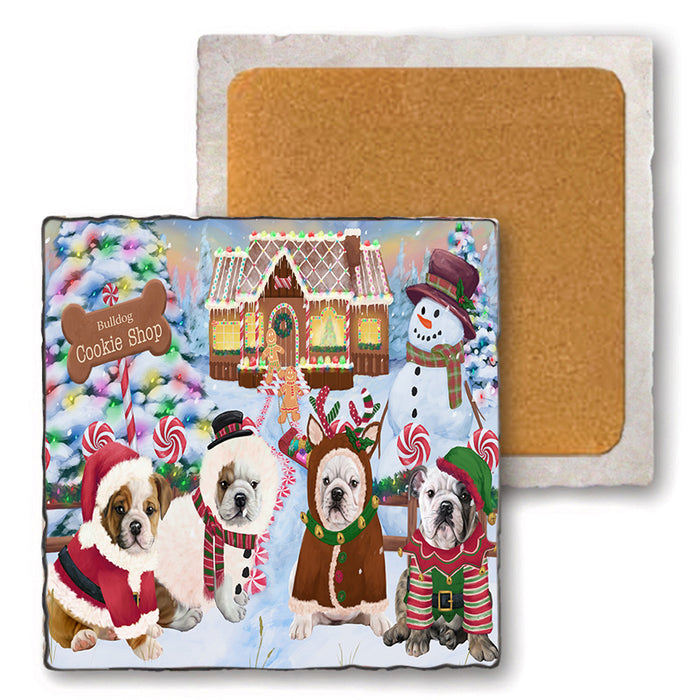 Holiday Gingerbread Cookie Shop Bulldogs Set of 4 Natural Stone Marble Tile Coasters MCST51387