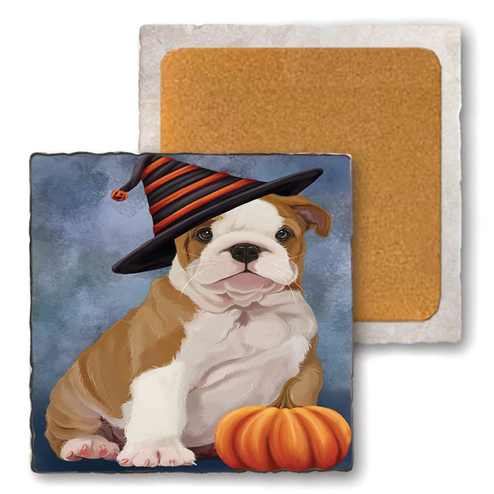 Happy Halloween Bulldog Wearing Witch Hat with Pumpkin Set of 4 Natural Stone Marble Tile Coasters MCST49871