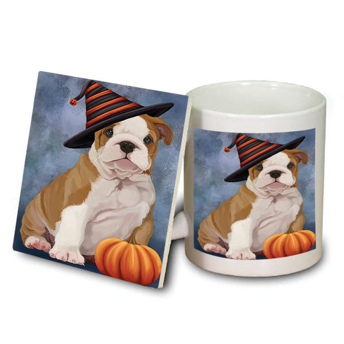 Happy Halloween Bulldog Wearing Witch Hat with Pumpkin Mug and Coaster Set MUC54863