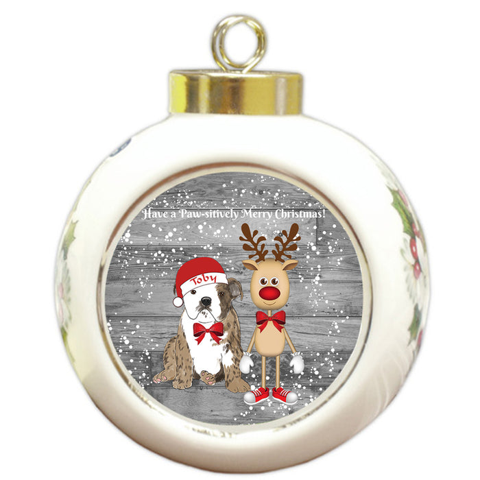 Custom Personalized Bulldog Reindeer and Pooch Christmas Round Ball Ornament