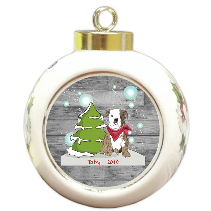 Custom Personalized Winter Scenic Tree and Presents Bulldog Christmas Round Ball Ornament