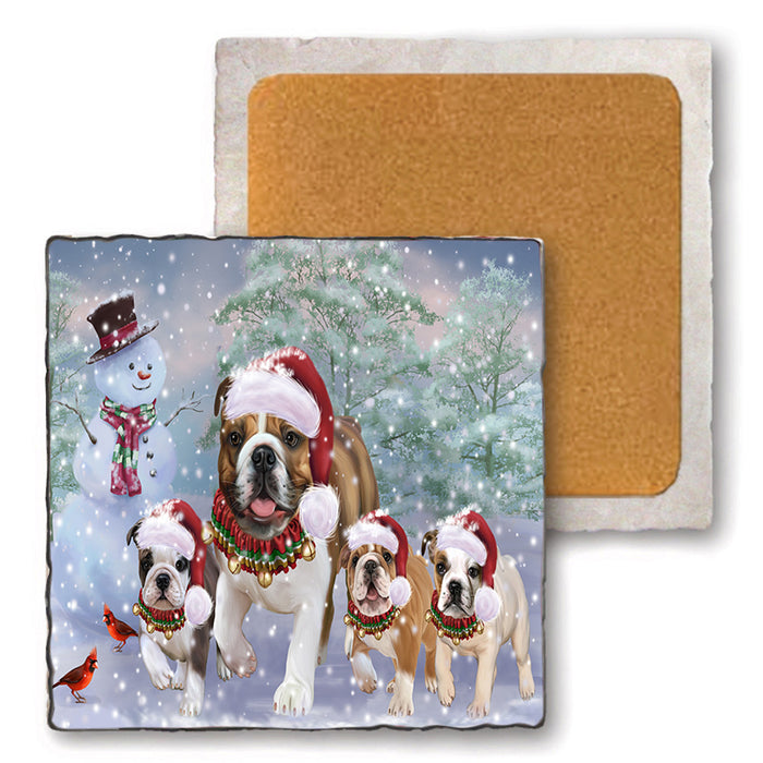 Christmas Running Family Bulldogs Dog Set of 4 Natural Stone Marble Tile Coasters MCST51636